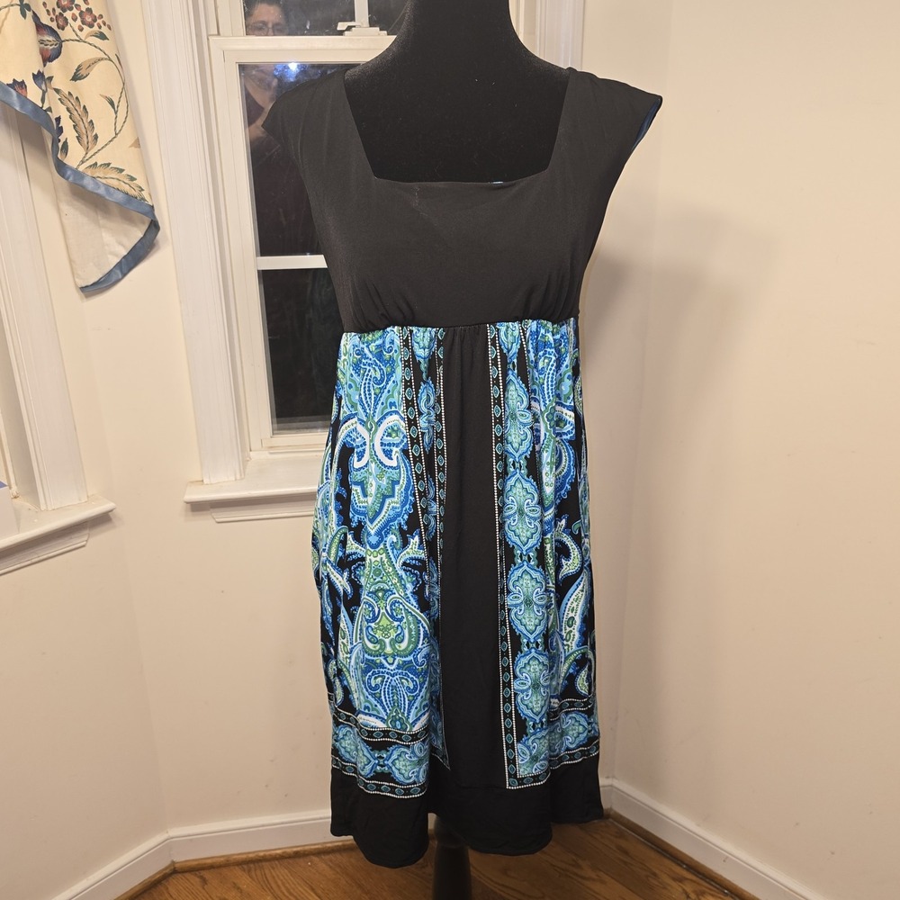 London Times Black Blue Green Paisley Print Empire‎ Waist Dress Size 4
